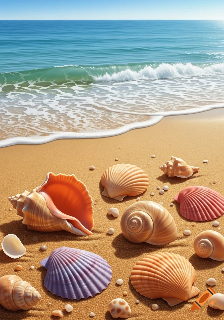 Close-up of colorful seashells scattered on a sandy beach with gentle ocean waves in the background.