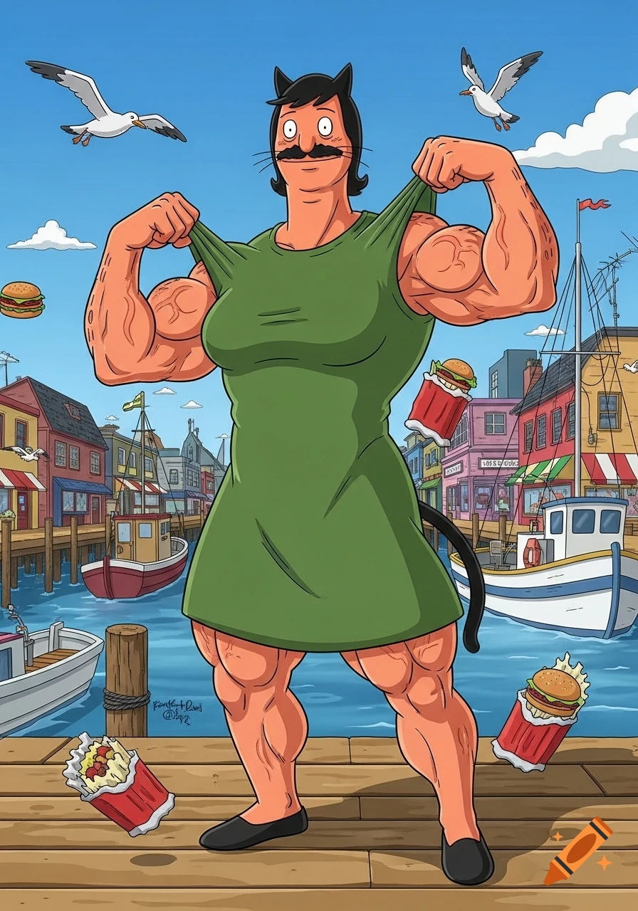 A muscular cartoon character resembling Bob Belcher, with a mustache and cat ears, wears a green dress and flexes on a sunny dock.
