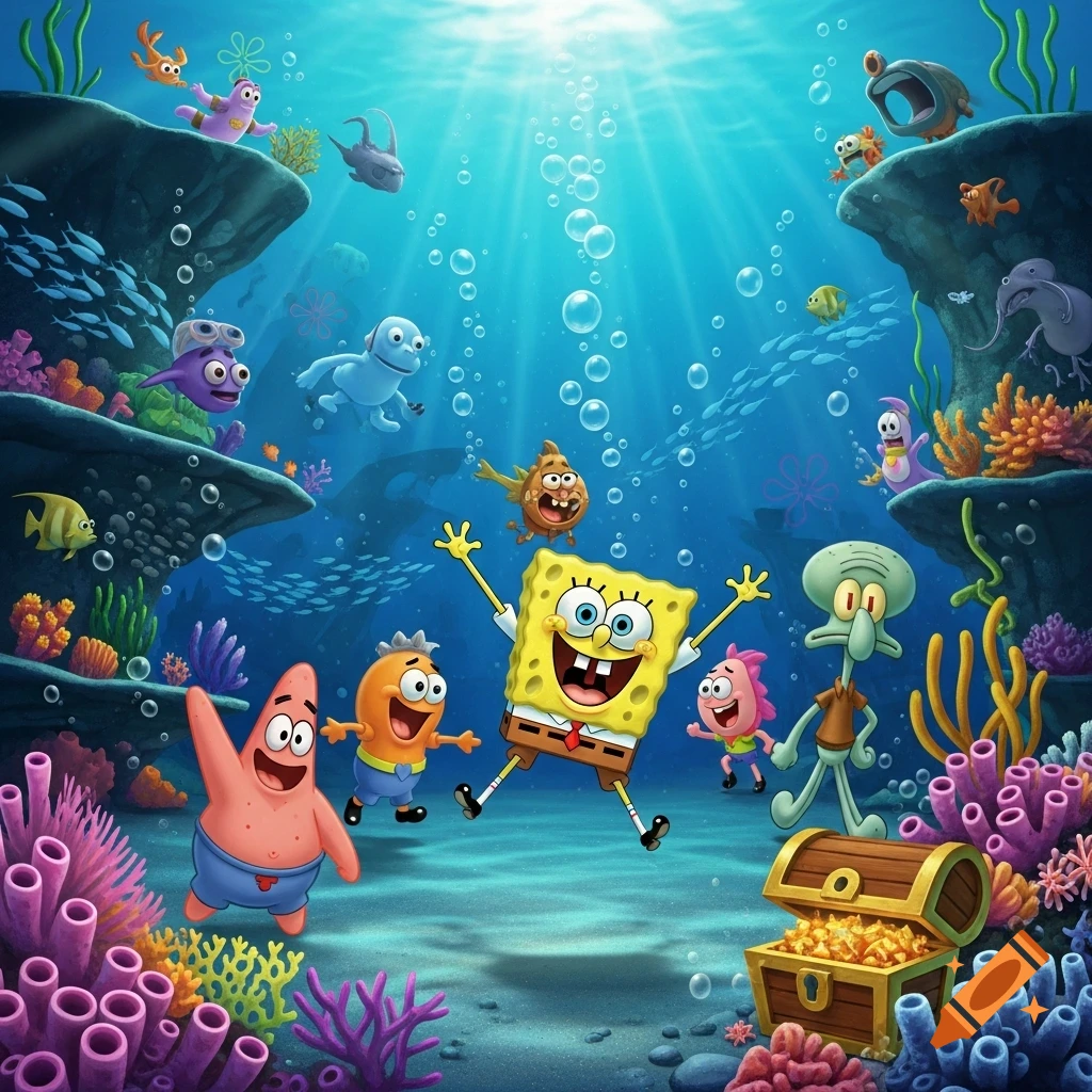 Spongebob, Patrick, Squidward, and other cartoon sea creatures in a vibrant underwater scene with coral and a treasure chest.
