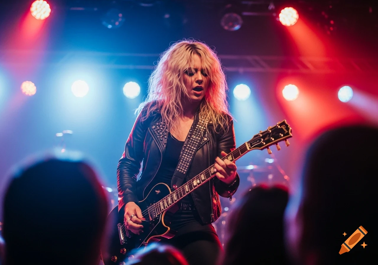 Blonde female rock musician playing an electric guitar on a stage bathed in red and blue lights.