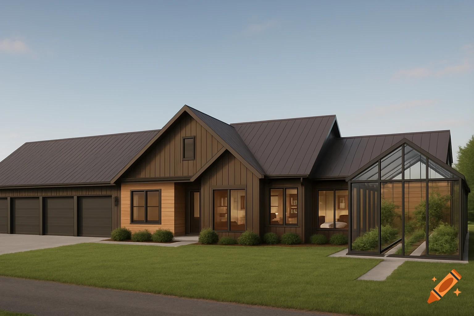 A modern single-story house with dark brown and tan siding, metal roof, three-car garage, and an attached glass greenhouse on a green lawn.