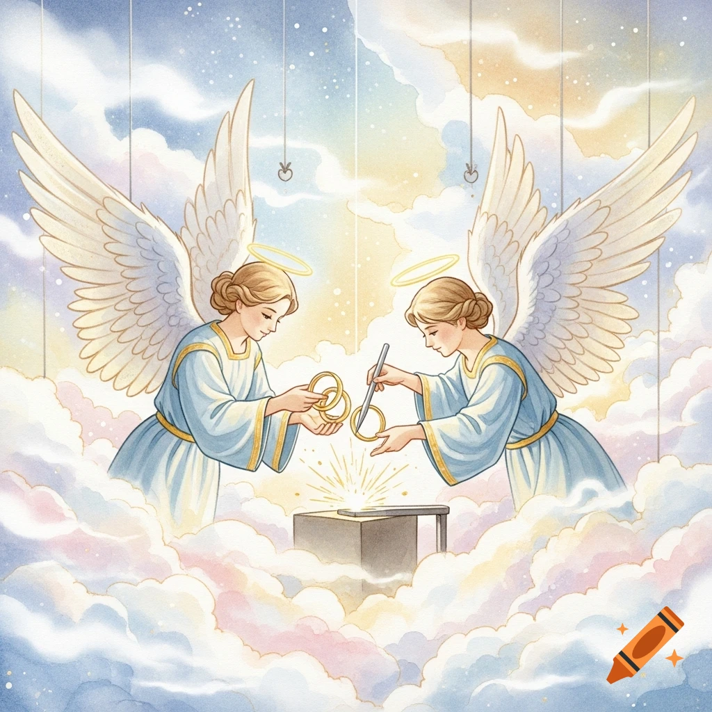 Two blonde angels with halos and large white wings, dressed in light blue robes, forge gold rings in a sky filled with pastel clouds, in a watercolor style.