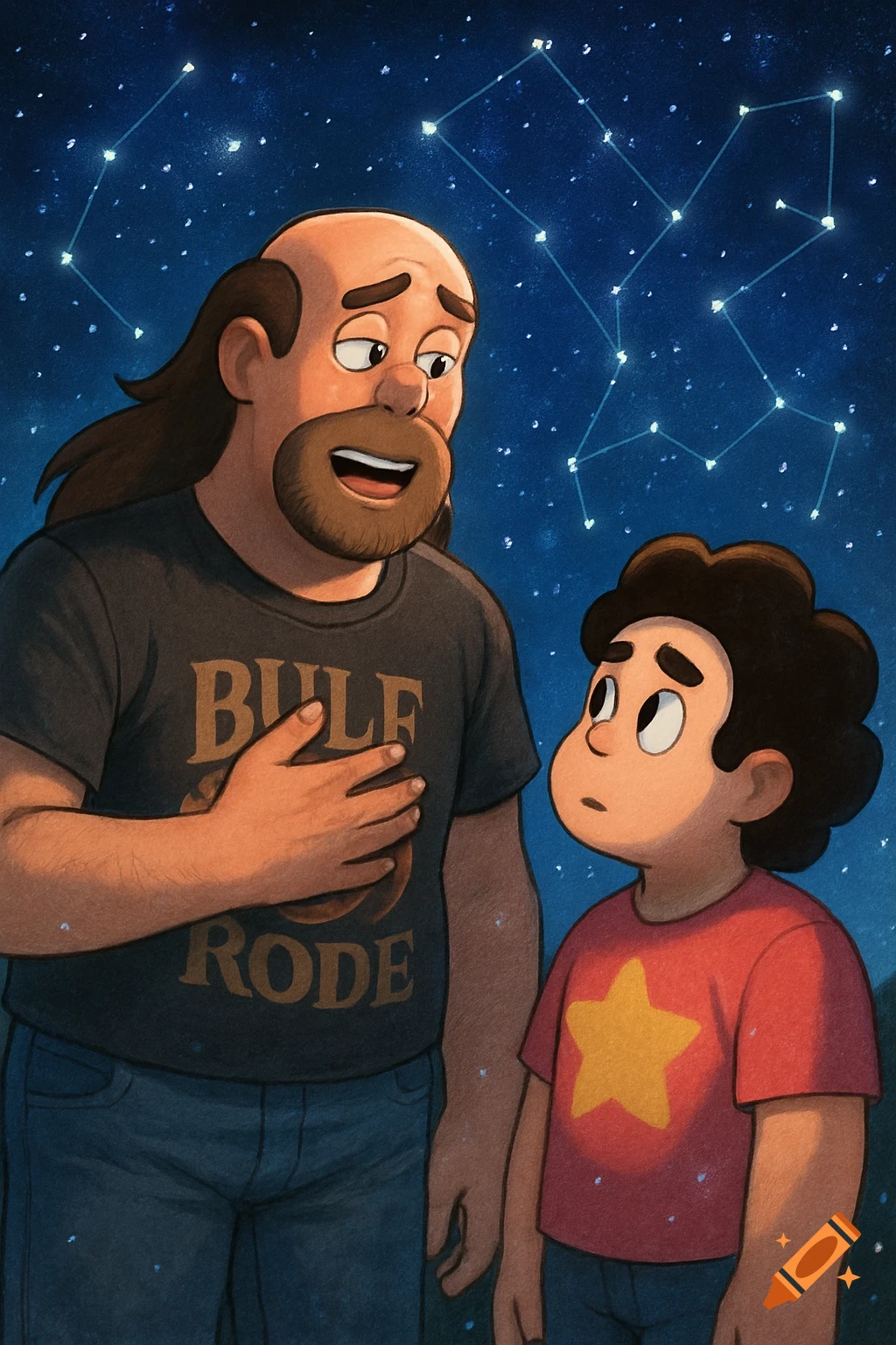 Cartoon of Greg and Steven from Steven Universe looking up at a starry night sky with constellations.