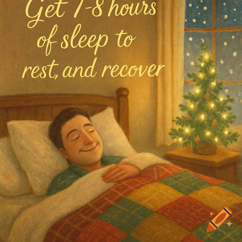 An illustration of a man sleeping peacefully in bed with a smile, a Christmas tree by a snowy window, and text about getting sleep.