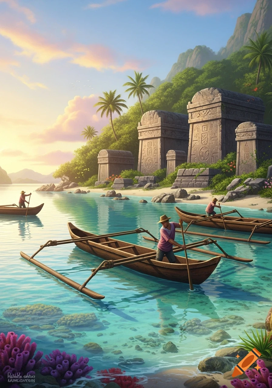 Vibrant illustration of men in traditional canoes gliding near tropical coral shores with ancient stone tombs rising behind them.
