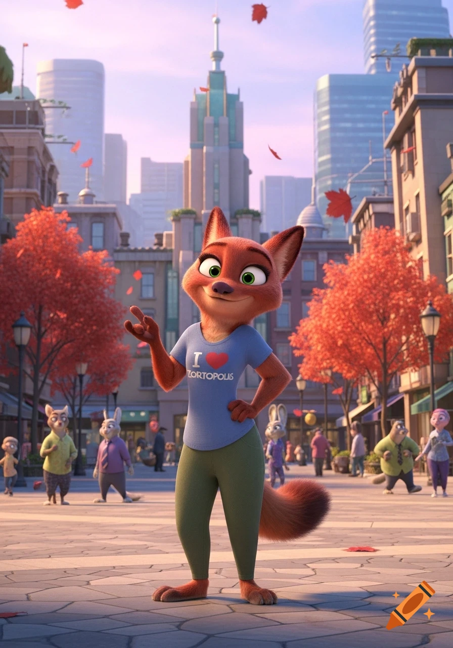 A cartoon fox with green eyes, wearing a blue t-shirt and green pants, stands in a bustling city street.