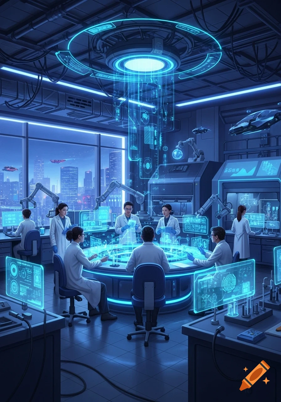 Futuristic science lab at night with scientists in lab coats ...