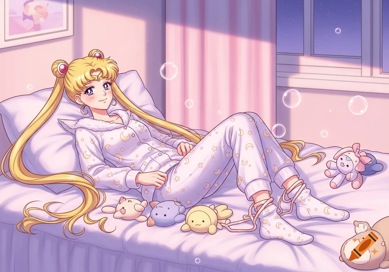 Sailor Moon lies on a bed in pajamas and socks with moon and star patterns, surrounded by plush toys, in a cozy bedroom with pink curtains.