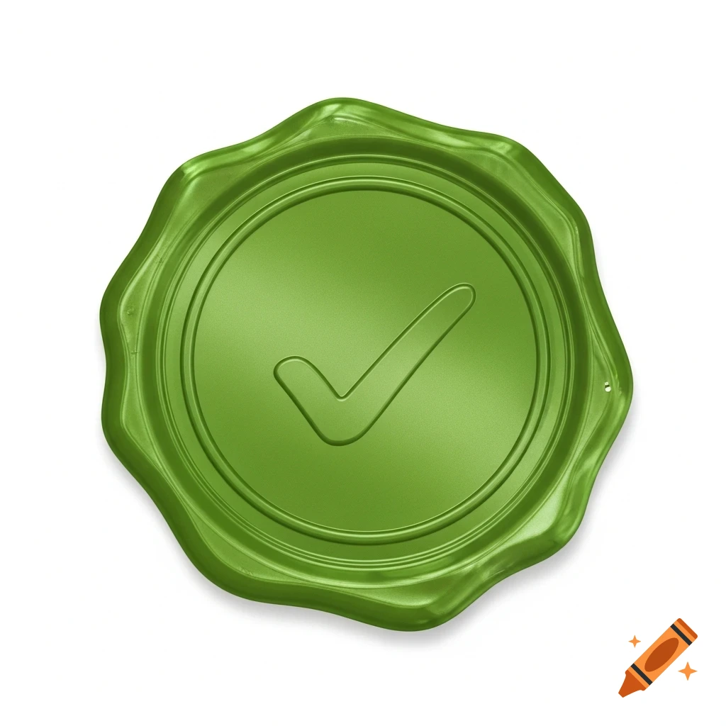 A shiny pistachio green wax seal with a raised checkmark symbol in the center, on a white background.