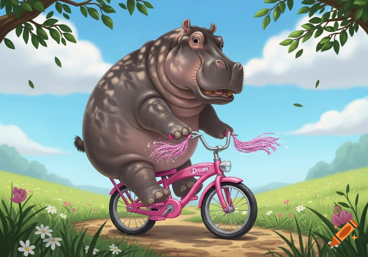 A cartoon hippo rides a pink bicycle with streamers down a grassy path under a blue sky.