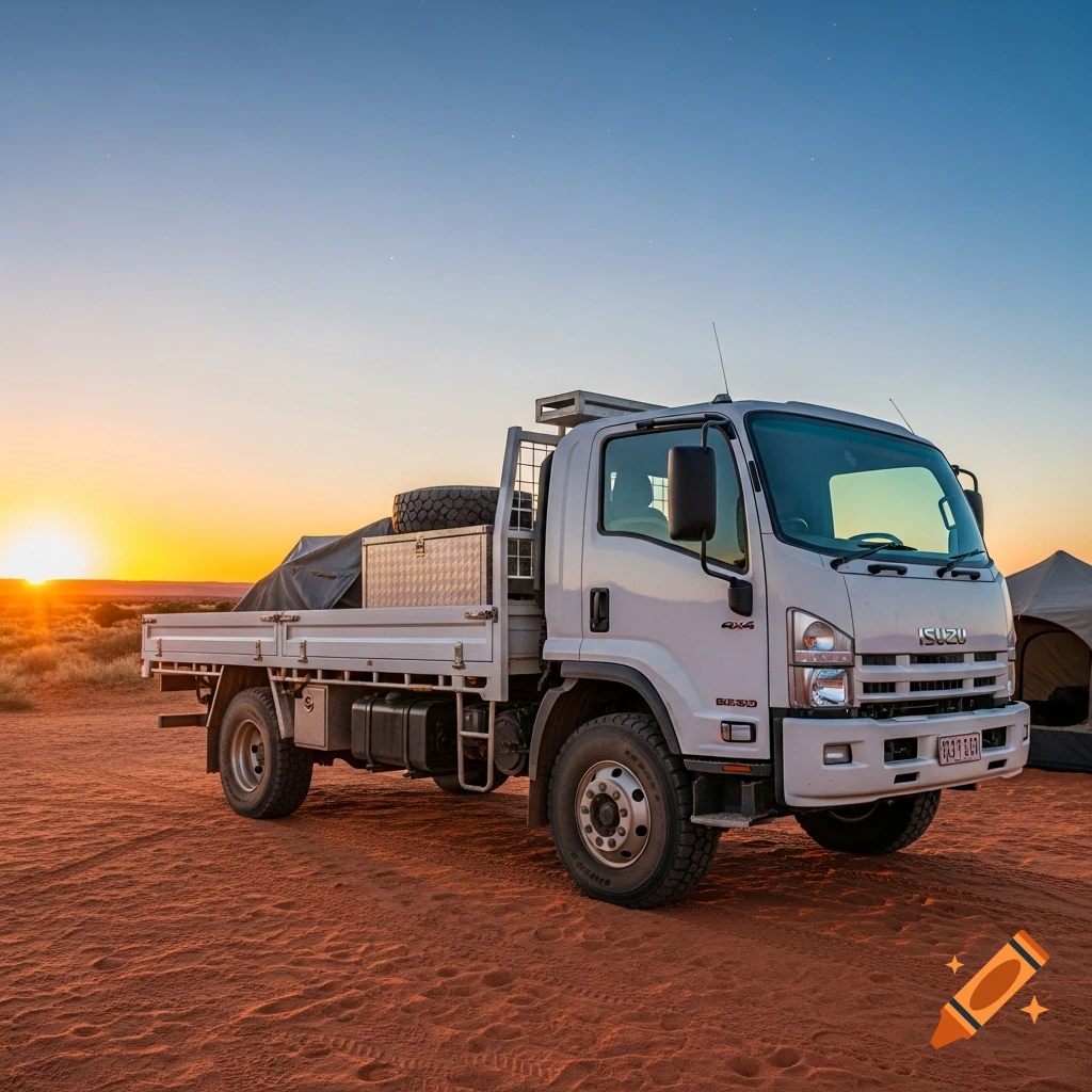 An ultra-realistic photograph of a white Isuzu 4x4 expedition truck parked in a dusty red desert campsite at sunset under a starry sky.