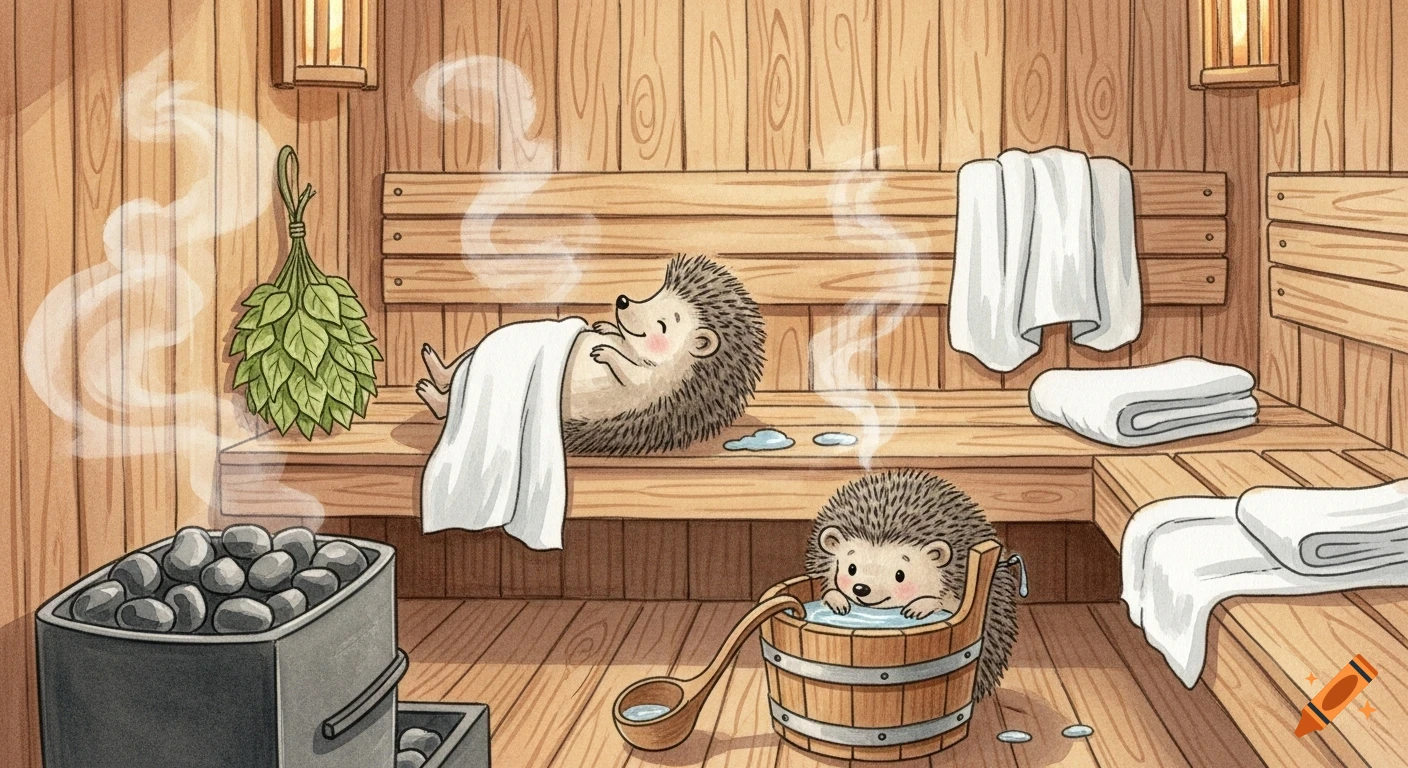 A cozy watercolor illustration of two cute hedgehogs enjoying a wooden sauna, one relaxing on a bench, the other bathing in a bucket.