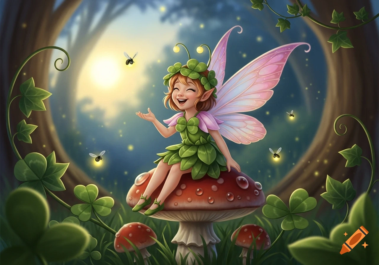 A smiling cartoon fairy with pink wings and a green leaf dress sits on a red mushroom in a magical forest with fireflies.