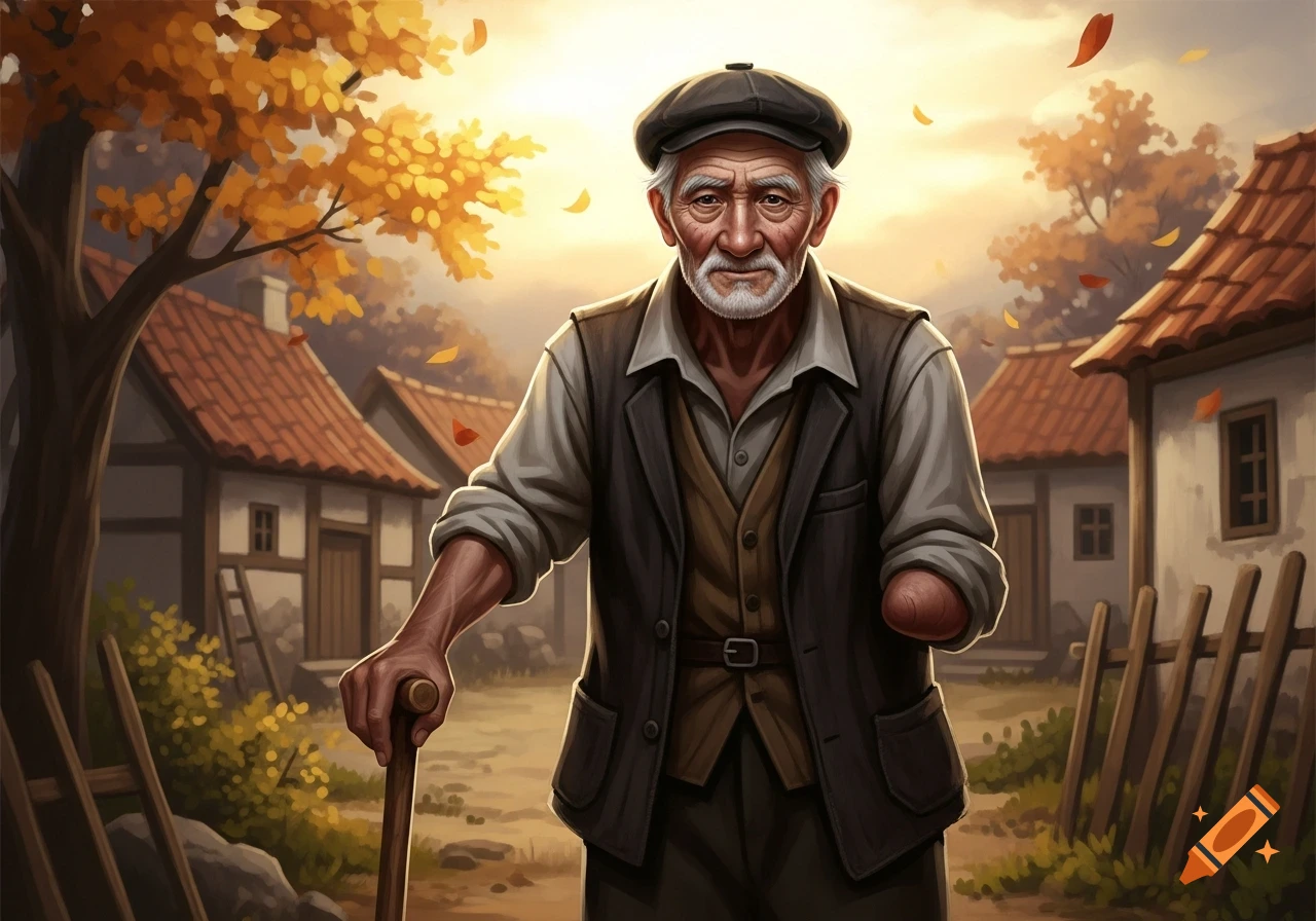 Painted portrait of an older man with a missing left hand and walking stick, standing in an autumn village bathed in warm light.