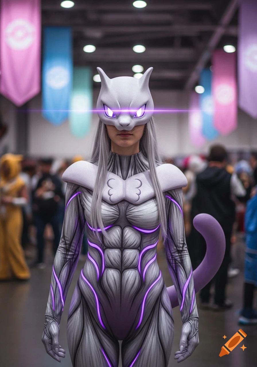 A person in a realistic Mewtwo cosplay costume with glowing purple eyes and a tail, standing in an indoor convention setting with colorful banners in the background.