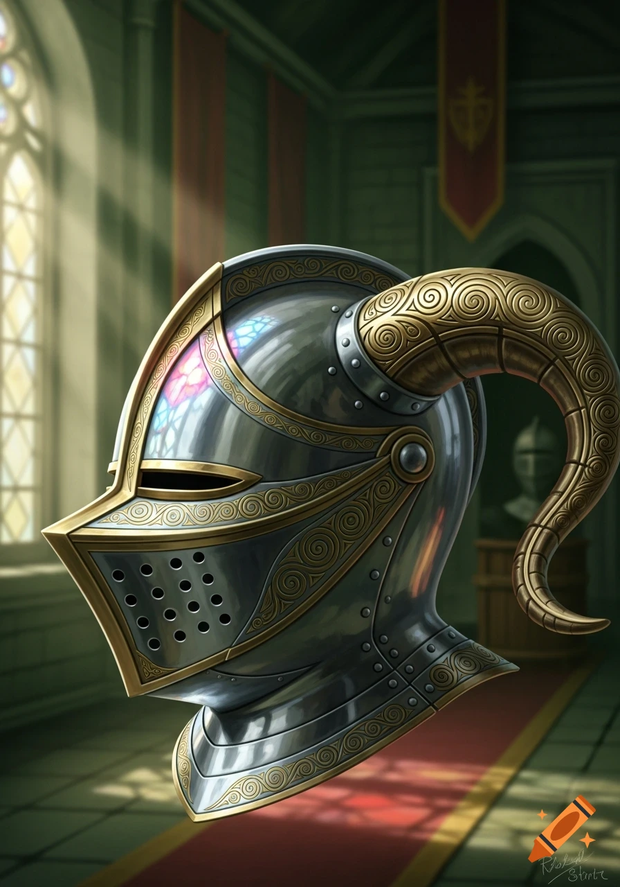 A detailed, shiny silver Renaissance knight's helmet with ornate golden horns and trim, reflecting stained glass, rests on a red carpet in a castle.