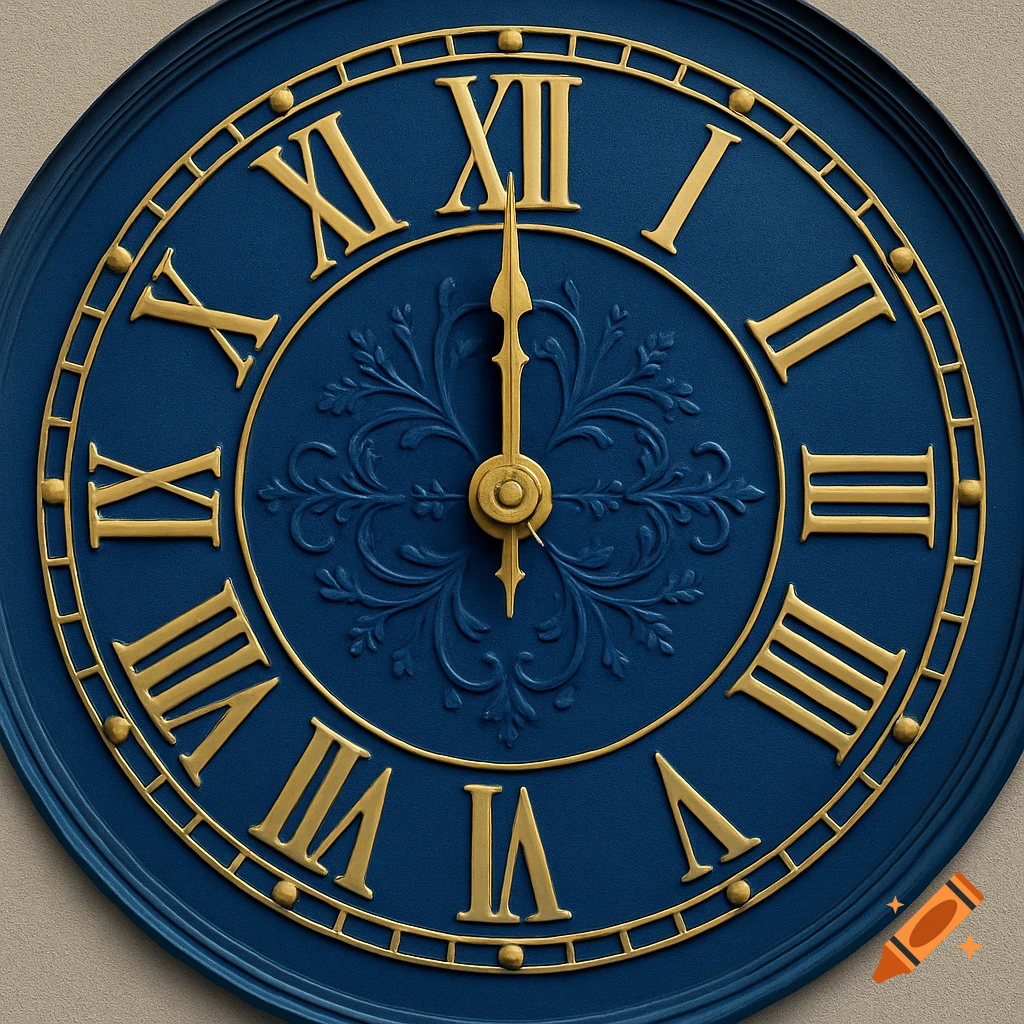 Close-up of a blue clock face with golden Roman numerals and ornate central detailing, hands showing five to twelve.