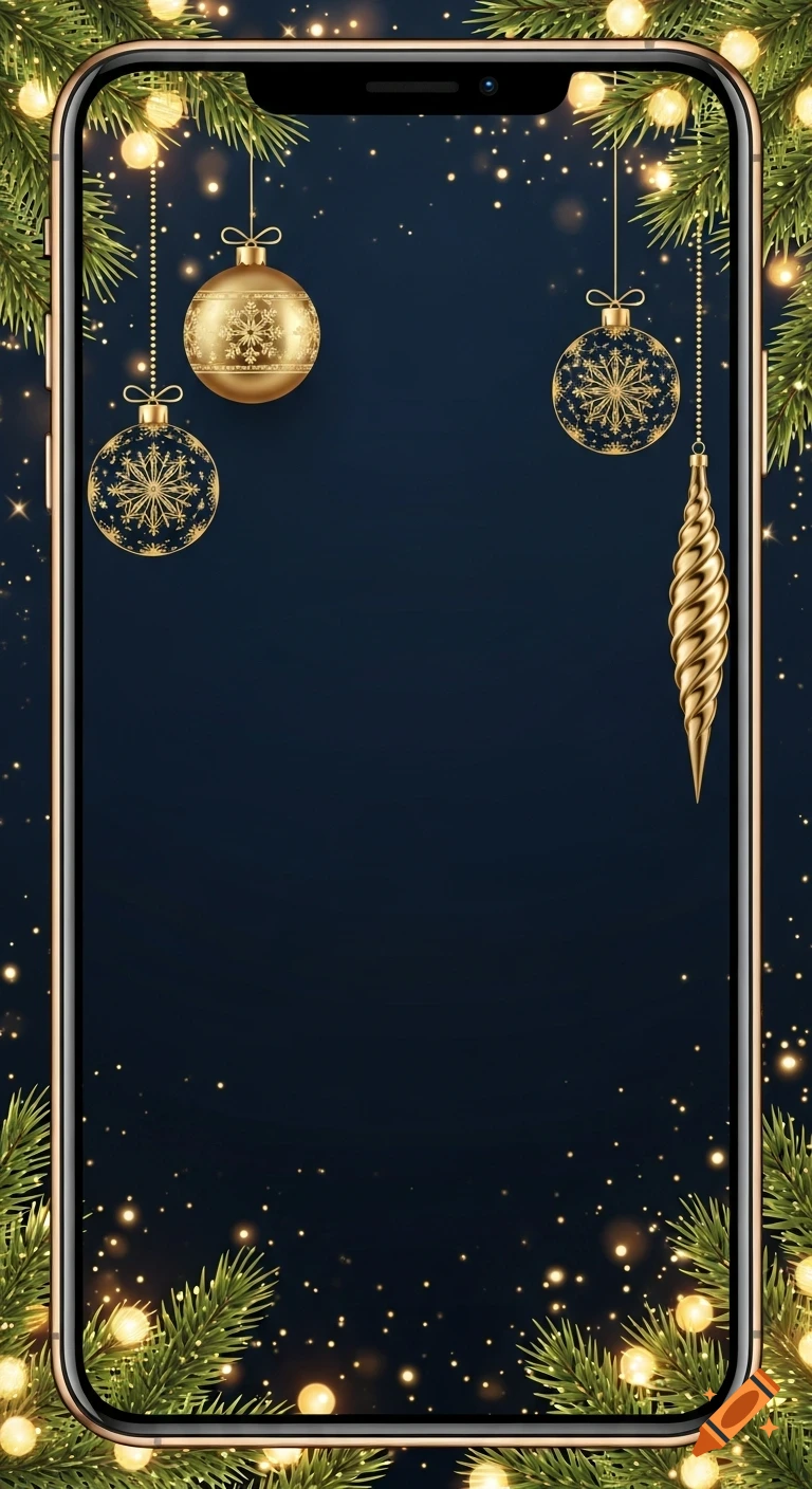 Christmas phone wallpaper with golden ornaments, pine branches, and warm lights on a dark blue background.