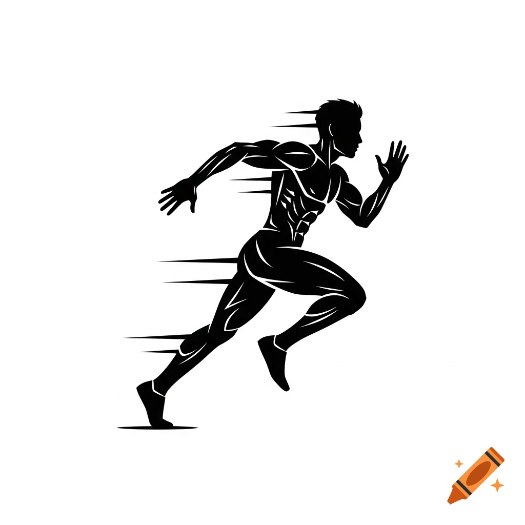 A black silhouette of a muscular man running with speed lines against a white background.