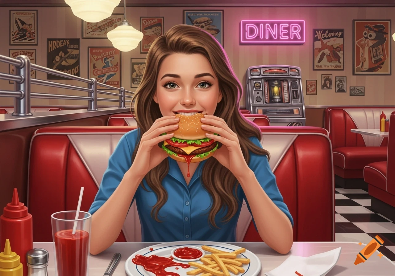 A smiling young woman in a blue shirt holds a hamburger to her mouth in a retro diner, with fries and ketchup on the table.