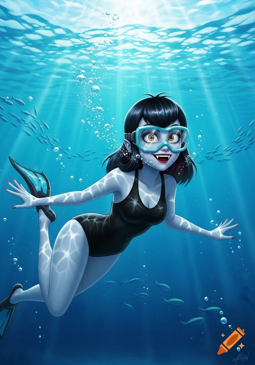Cartoon Mavis Dracula in swimsuit and goggles swimming underwater among fish.