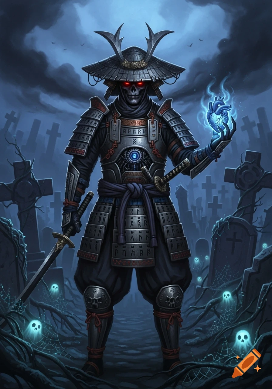 Undead samurai with glowing red eyes and a wide hat, holding a blue flaming heart in a dark graveyard. Dark fantasy illustration.
