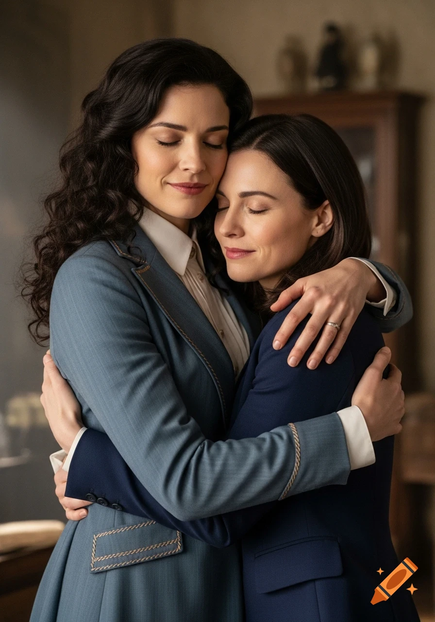 Two women with dark hair, one with curly and one with straight, embrace with eyes closed, showing deep connection in a photorealistic portrait.