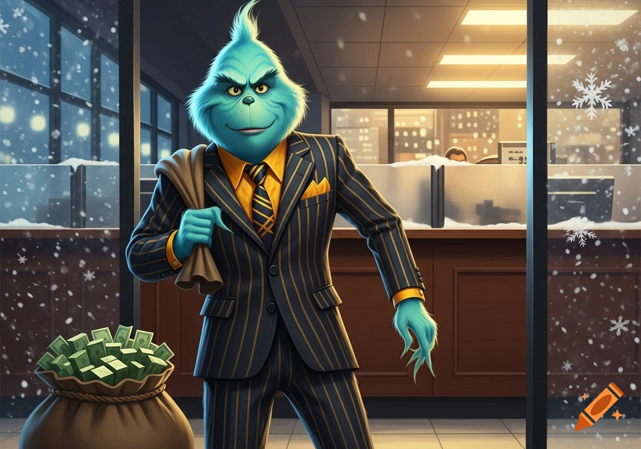 A blue Grinch-like character in a pinstripe suit stands in a bank, holding a sack, with a bag of money on the floor and snow outside.