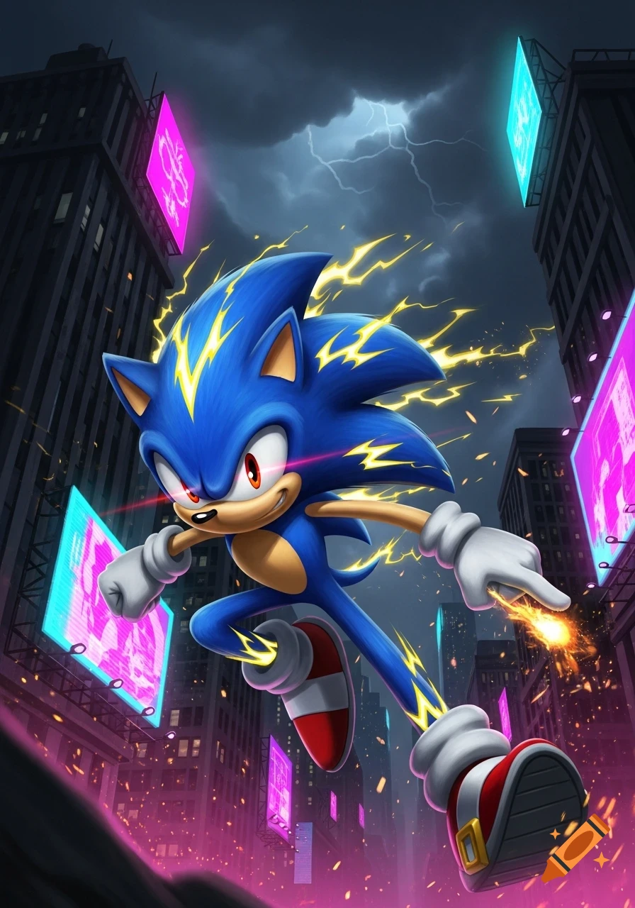 Sonic the Hedgehog, crackling with yellow lightning, speeds through a dark, neon-lit futuristic city at night.