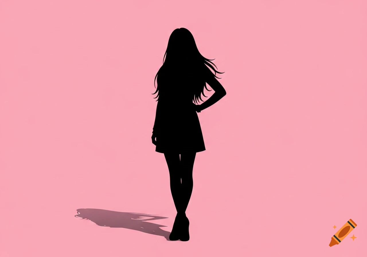 Minimalist black silhouette of a K-pop idol with long hair and a short dress on a pink background.