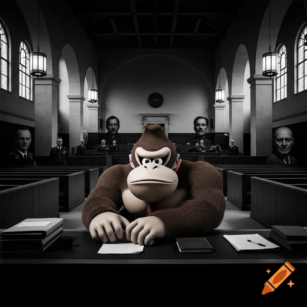 Photorealistic black and white image of Donkey Kong at a courtroom defense table, with solemn historical figures in the background.