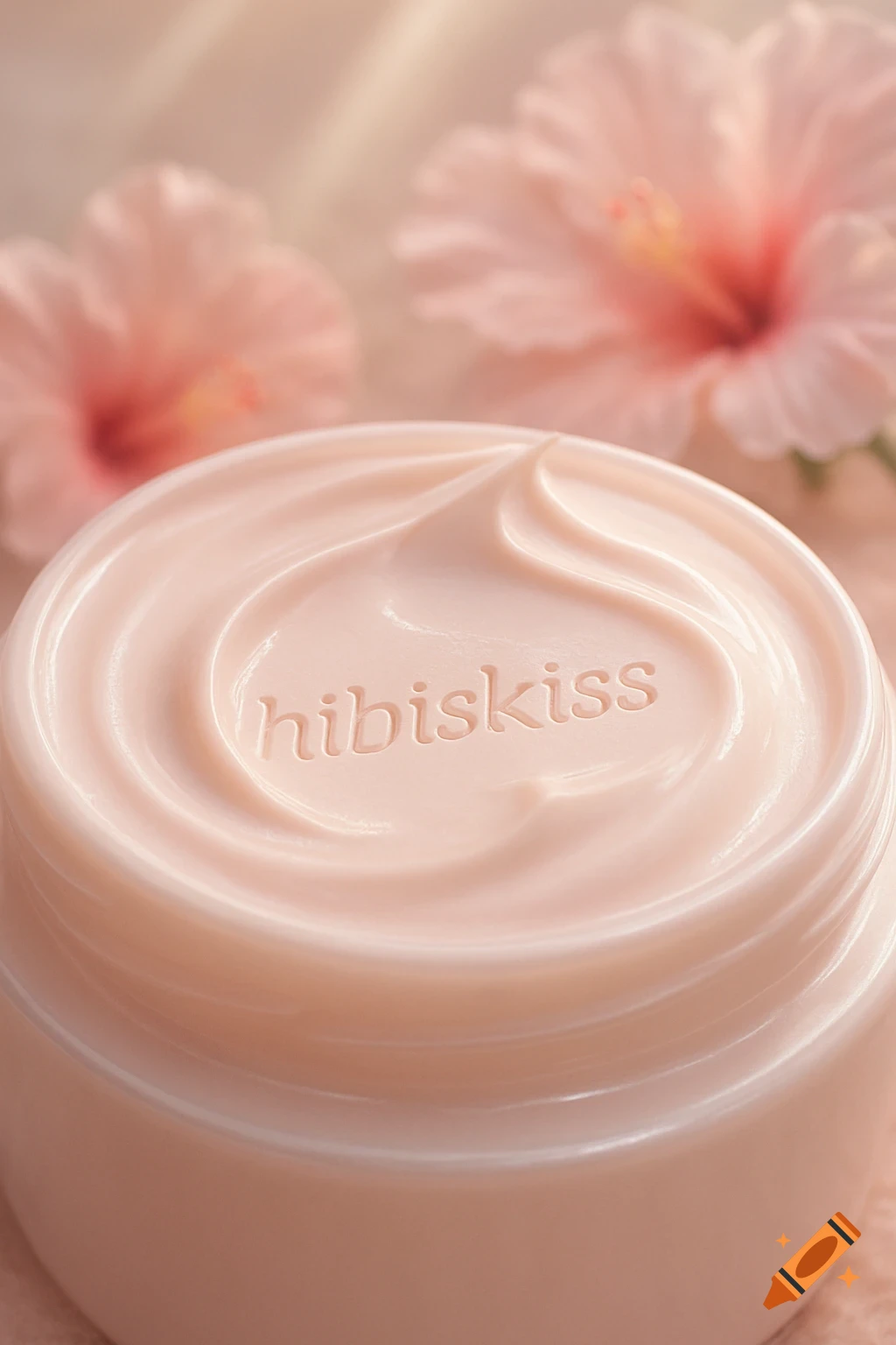 Close-up of a pale pink cream jar with 'hibiskiss' embossed on its swirled surface, set against a blurred background of pink hibiscus flowers.