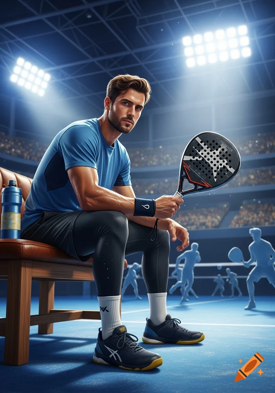 A photorealistic image of a man in athletic wear, holding a padel racket, sitting on a bench in a brightly lit arena.