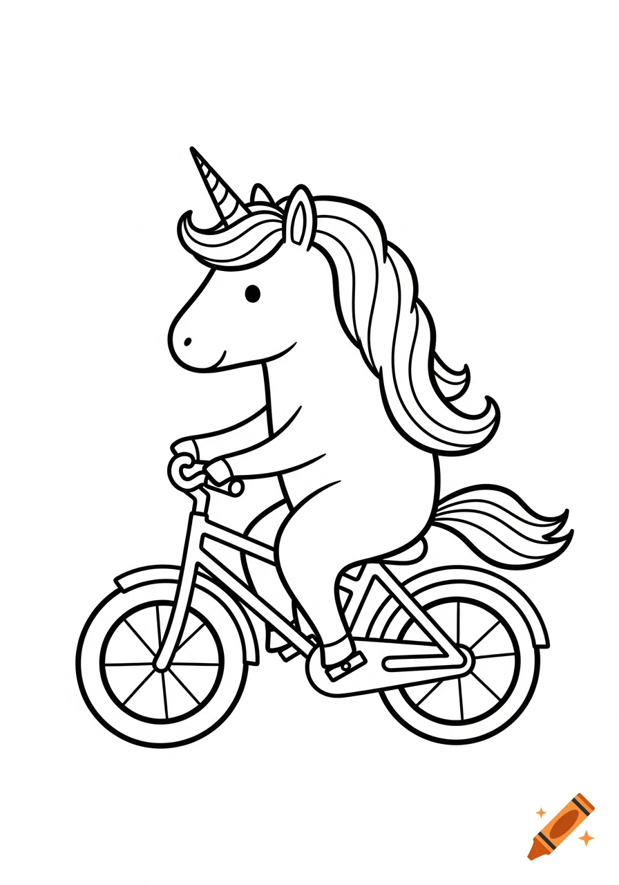 A black and white line drawing of a cartoon unicorn riding a bicycle, presented as a coloring page.