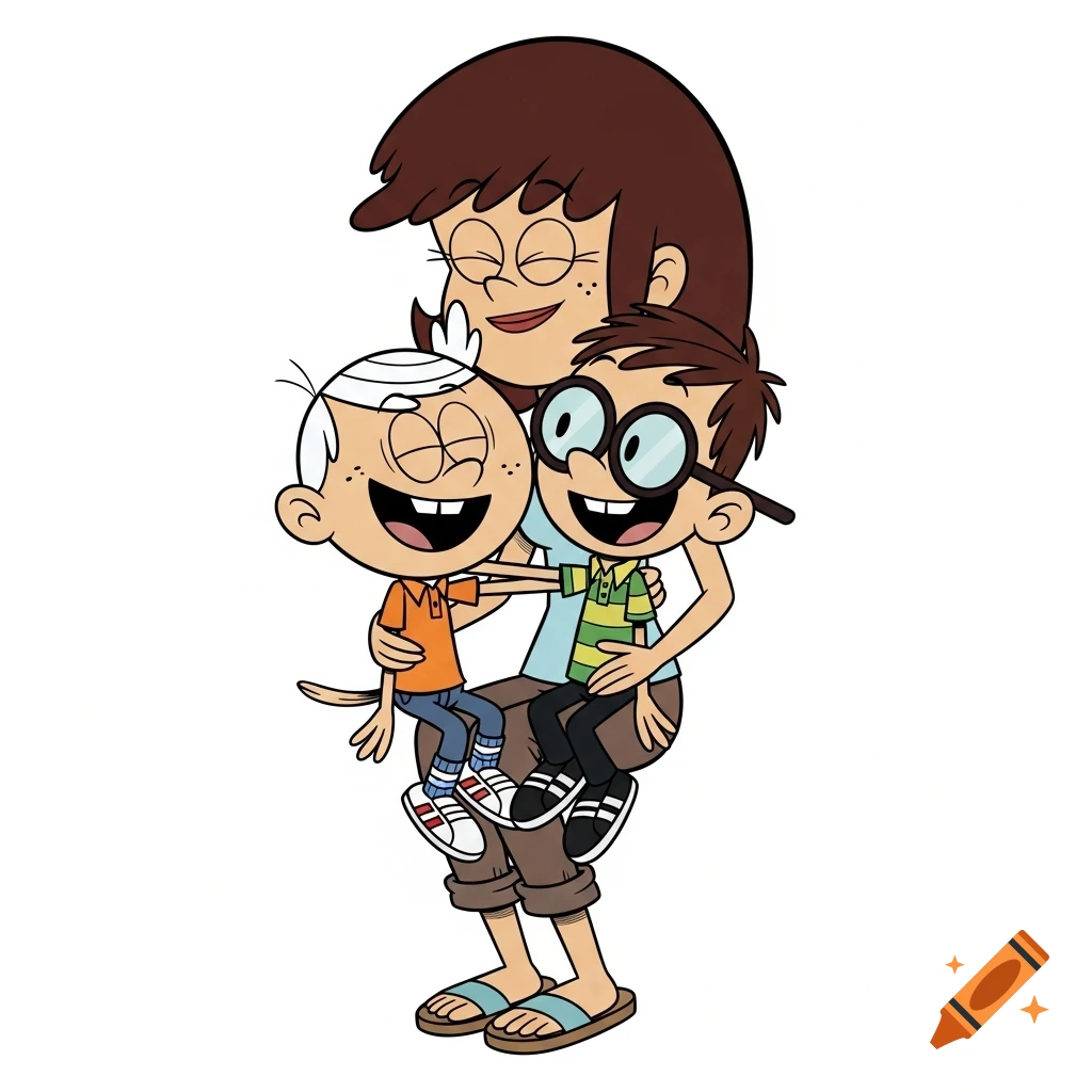 Cartoon characters Lori Loud, Lincoln Loud, and Clyde McBride are hugging and laughing, with the two boys sitting on Lori's legs.