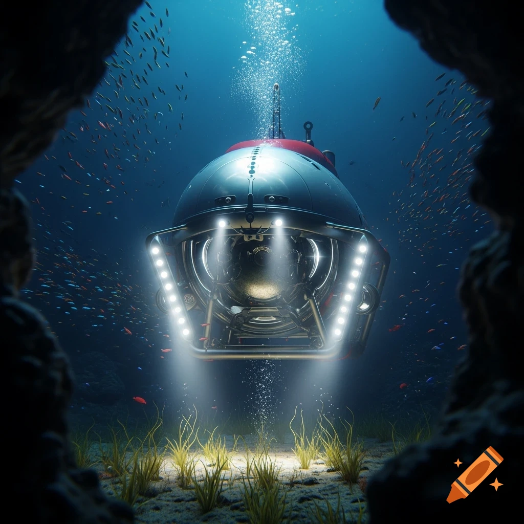 A photorealistic deep submergence vehicle with bright lights floats underwater, surrounded by fish and plants, viewed from a dark cave opening.