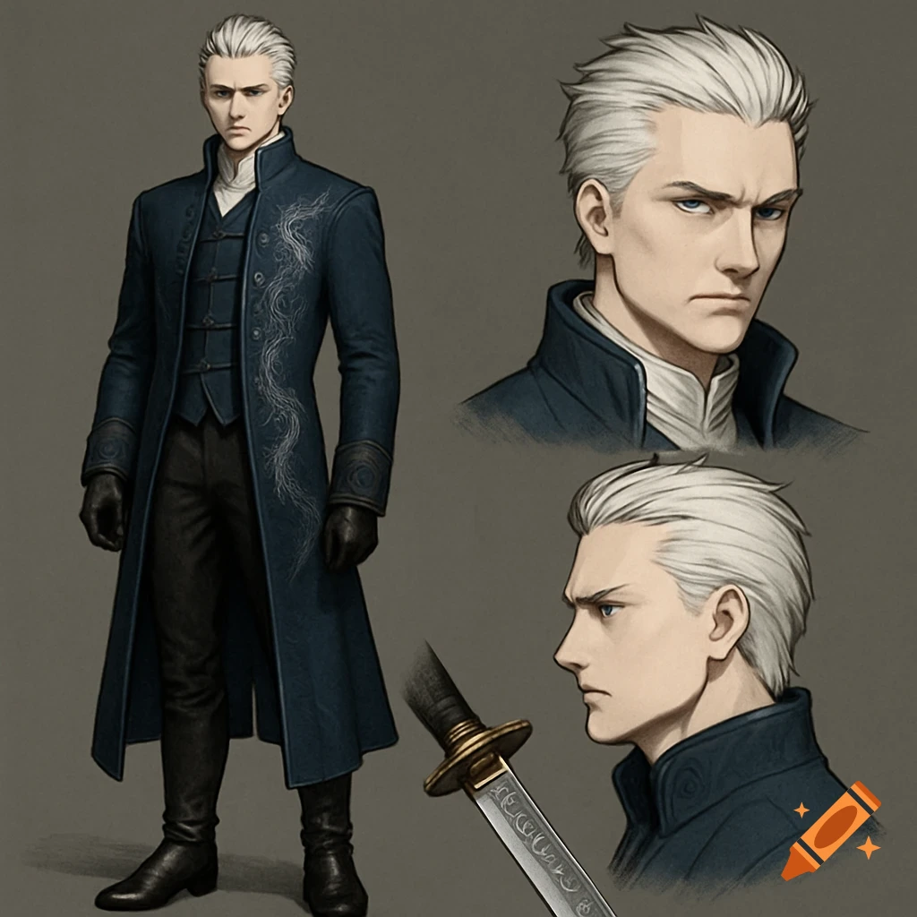 A character reference sheet featuring an anime-style man with white hair, blue eyes, and a long blue coat, with close-ups of his face and a detailed sword.