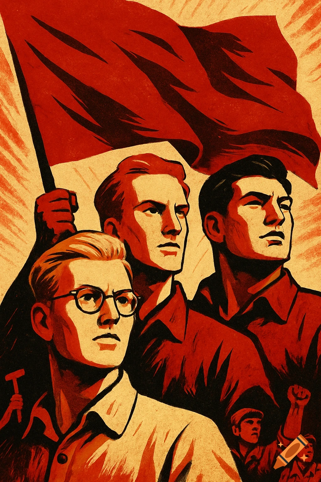 Propaganda poster depicting resolute men with a large red flag in a socialist realism art style.