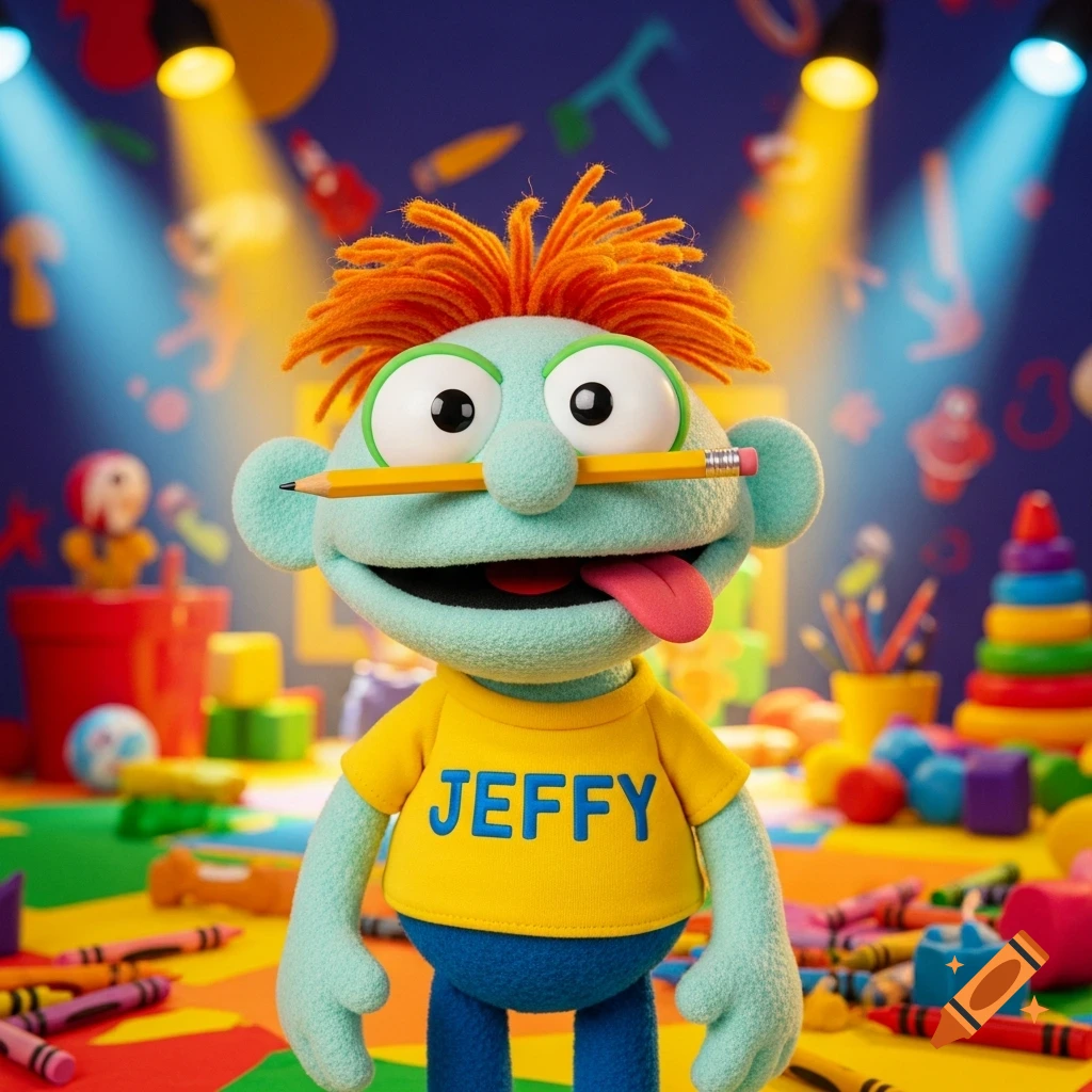 A light blue puppet named Jeffy, sticking its tongue out and balancing a pencil on its nose, wears a yellow shirt and blue pants in a colorful room filled with toys.