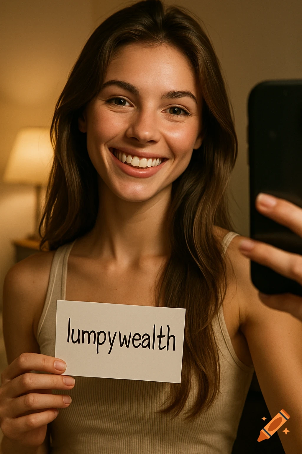 A smiling young woman with long brown hair takes a selfie, holding a white paper that reads "lumpywealth" in front of her chest.