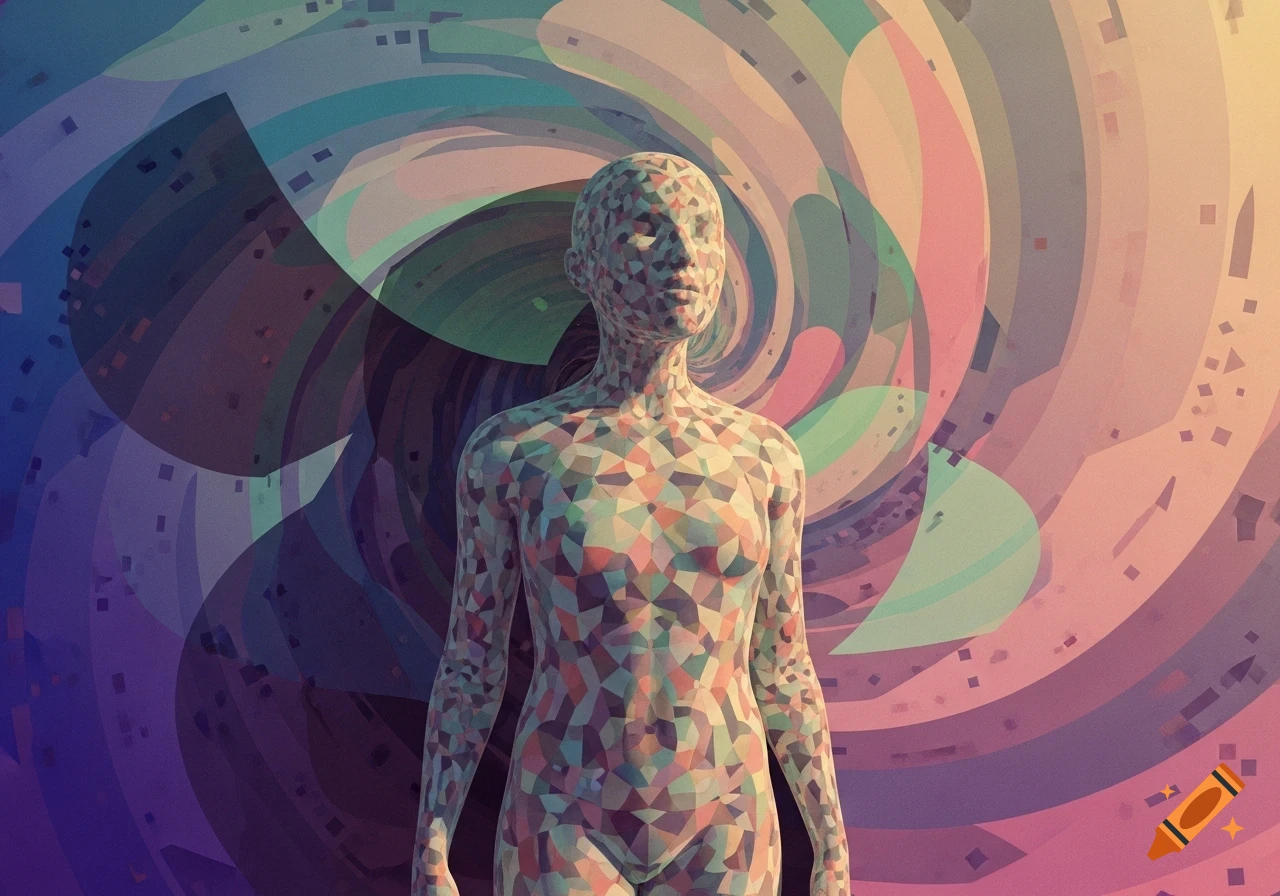 A stylized human figure composed of a colorful geometric mosaic stands against a swirling abstract background in pastel tones.