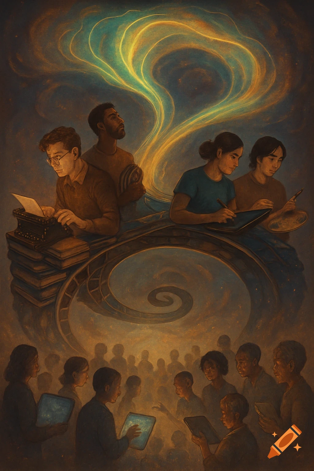 Stylized illustration of diverse individuals creating with typewriters and digital art tools, and a crowd consuming media on glowing tablets, under swirling golden energy.