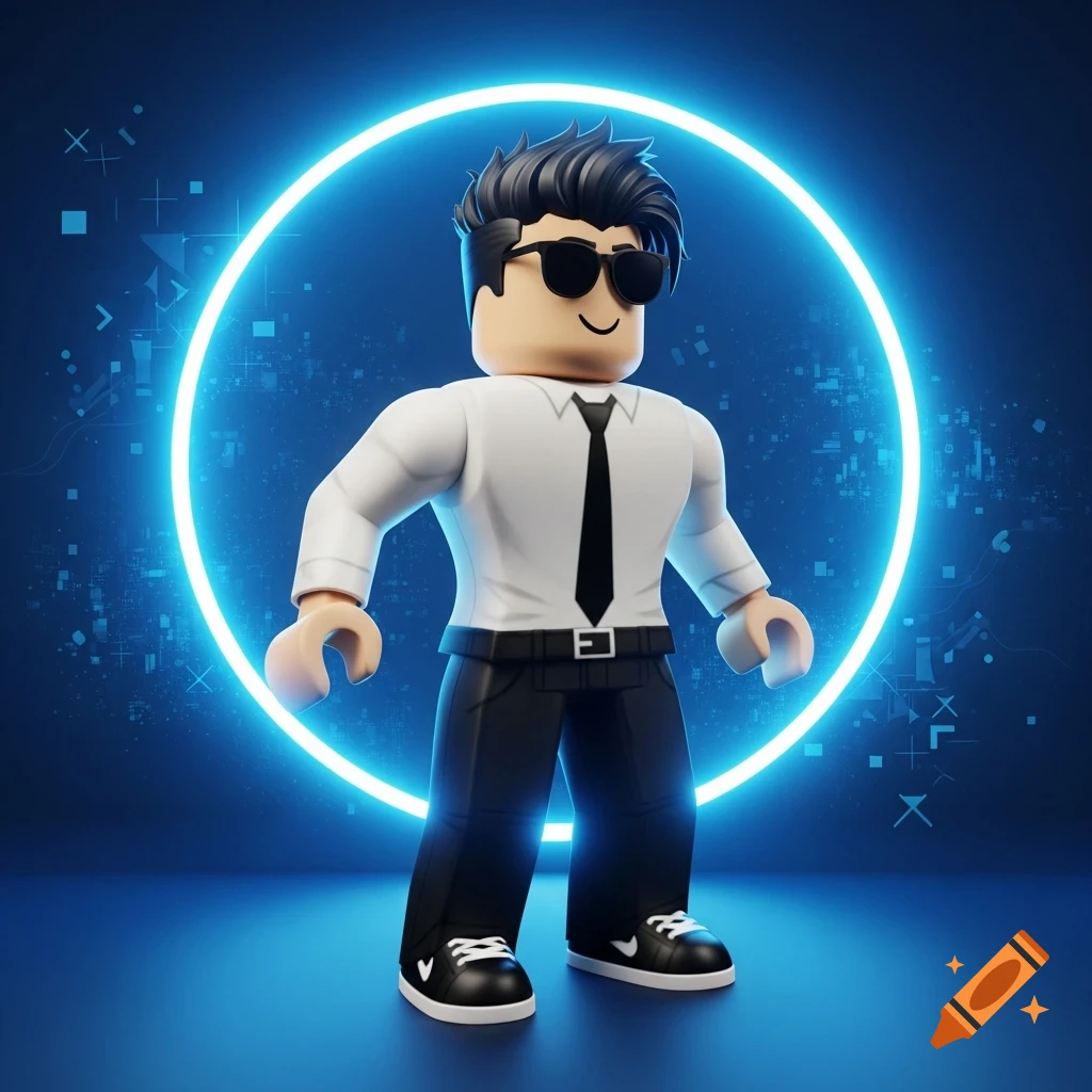 Roblox-style avatar with black hair, sunglasses, white shirt, black tie, and pants, standing in front of a glowing blue neon circle against a dark, tech-patterned background.