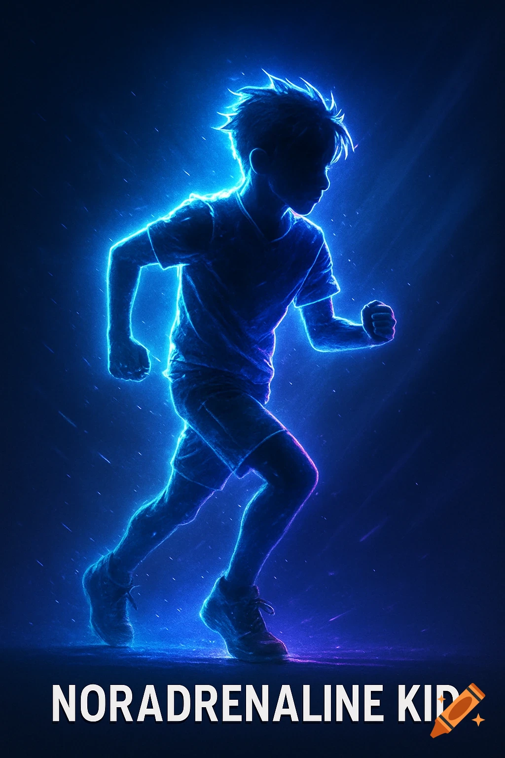 A boy in a dynamic running pose, silhouetted and outlined in vibrant blue and purple neon light. Text 'NORADRENALINE KID' below.