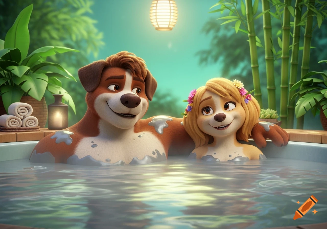 A 3D animated anthropomorphic dog couple relaxes in a hot tub with tropical plants in the background.