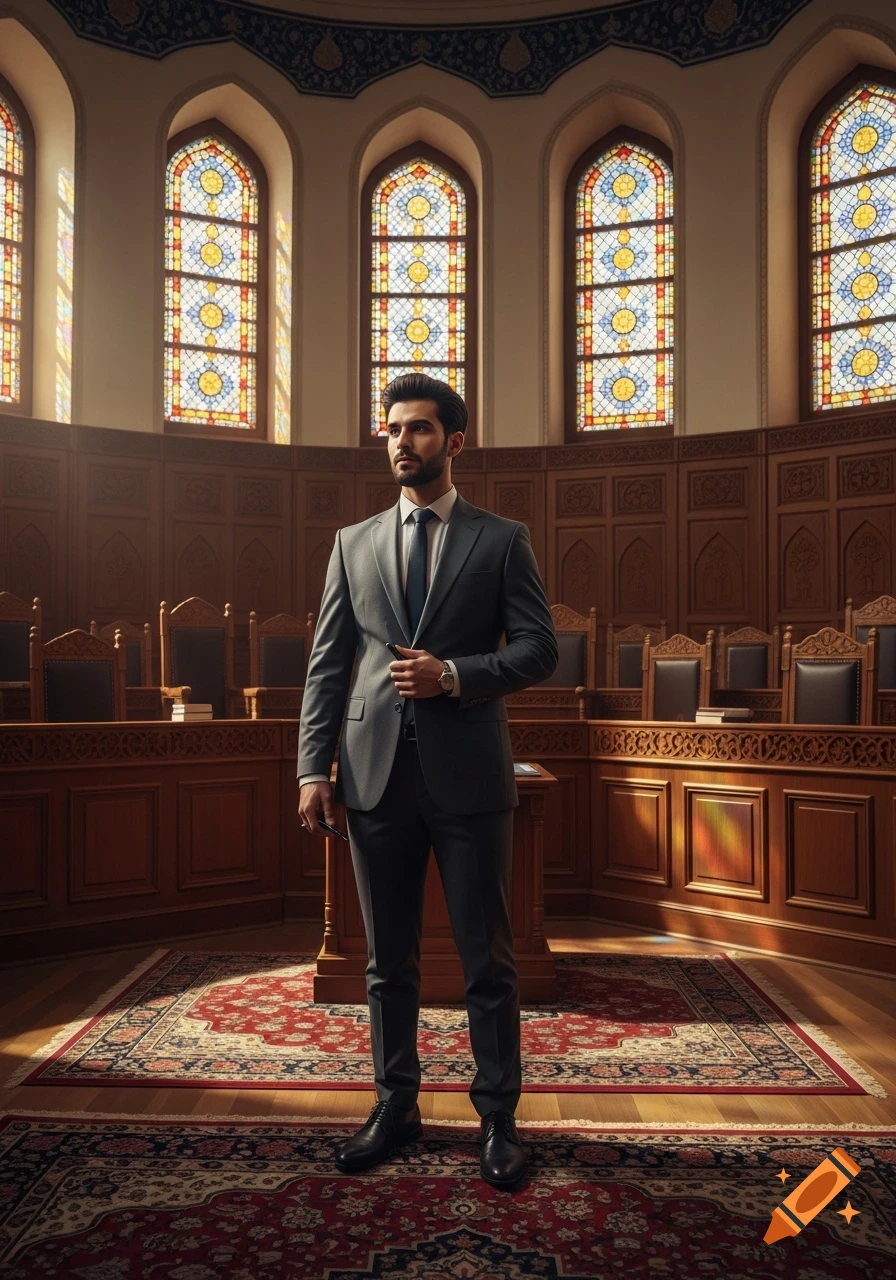 A photorealistic image of a young man in a grey suit and tie, holding a pen, standing in an ornate courtroom with stained-glass windows.