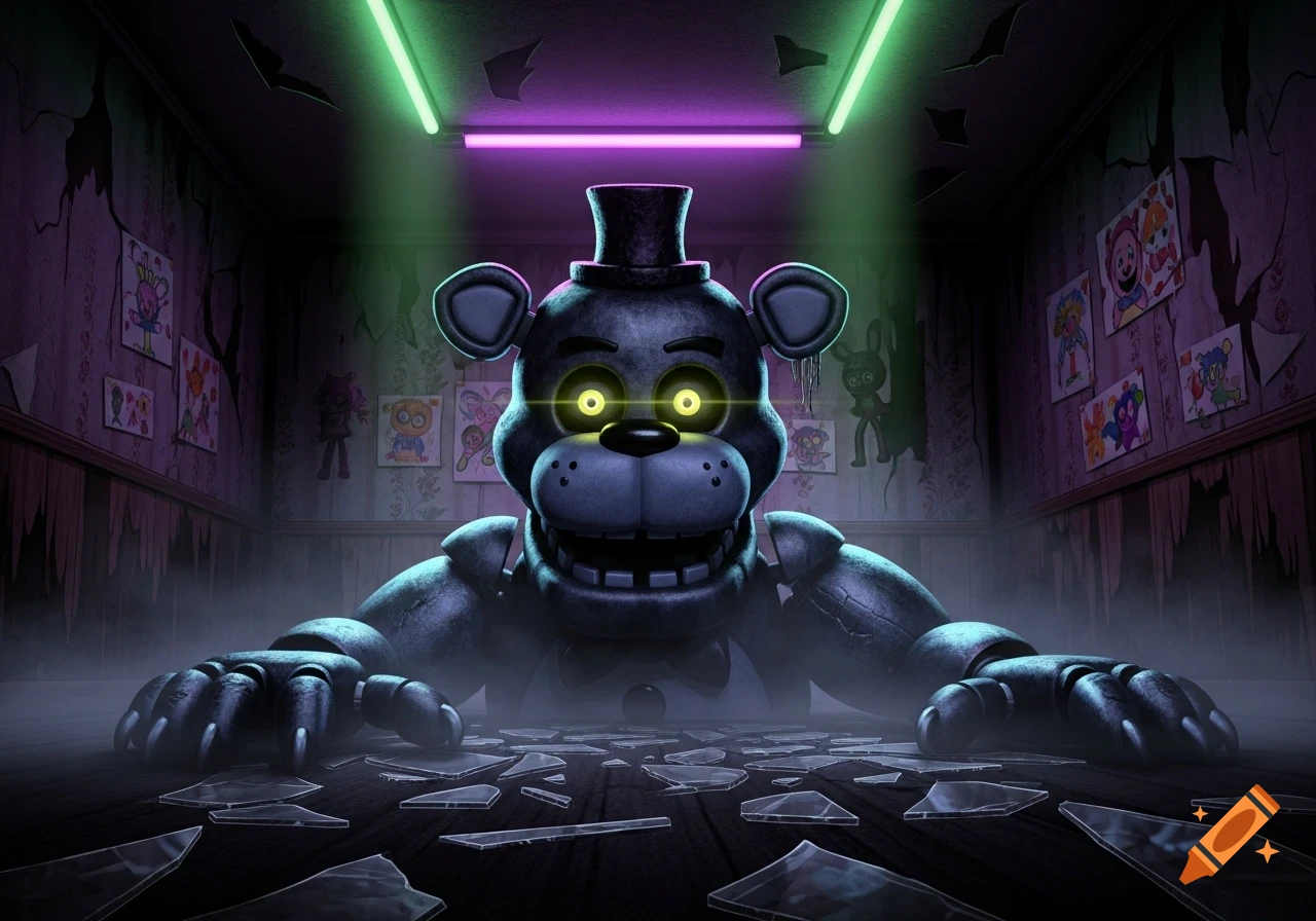 Menacing grey animatronic bear with glowing eyes and a top hat in a dark, broken room with shattered glass and neon lights.