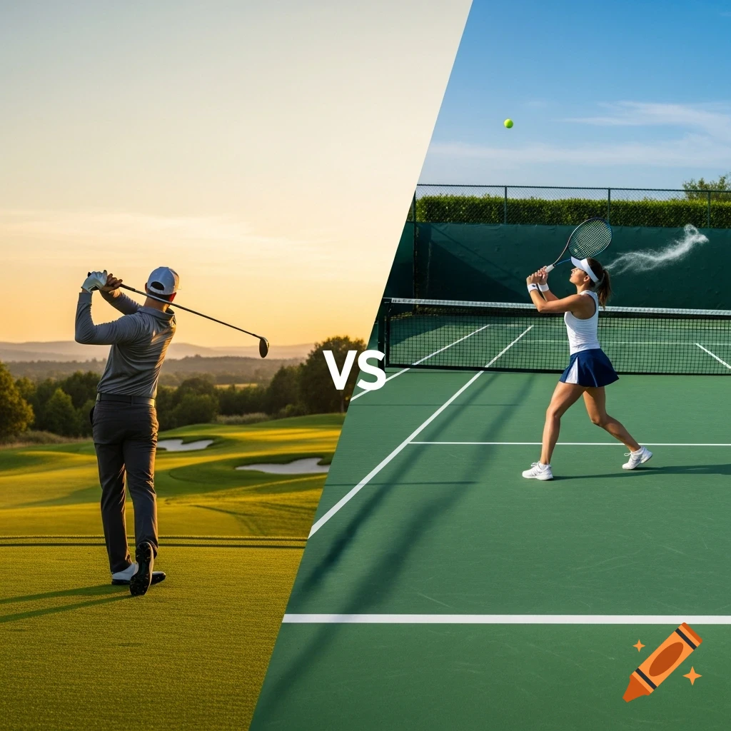 Diagonal split image showing a man golfing on one side and a woman playing tennis on the other, with 'VS' in the center.