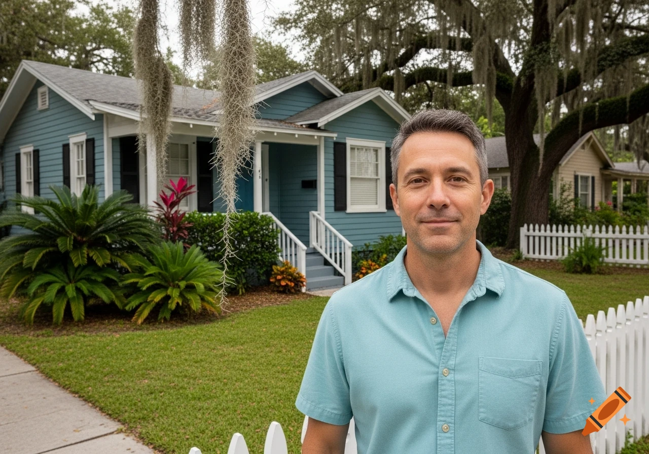 A smiling man in a light blue shirt stands in front of a blue house with a white picket fence and Spanish moss. Photorealistic.