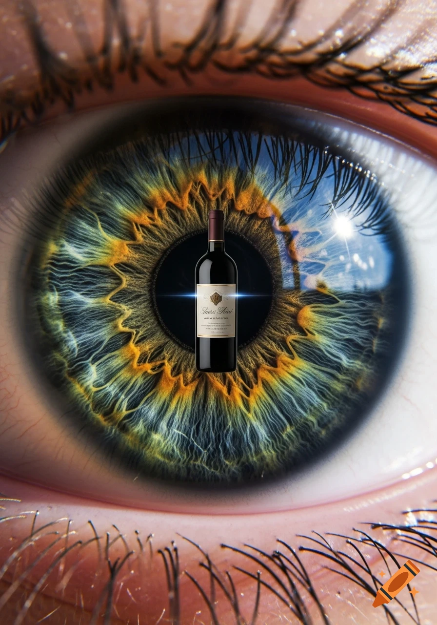 Close-up photorealistic image of a human eye with a red wine bottle perfectly centered in its pupil.